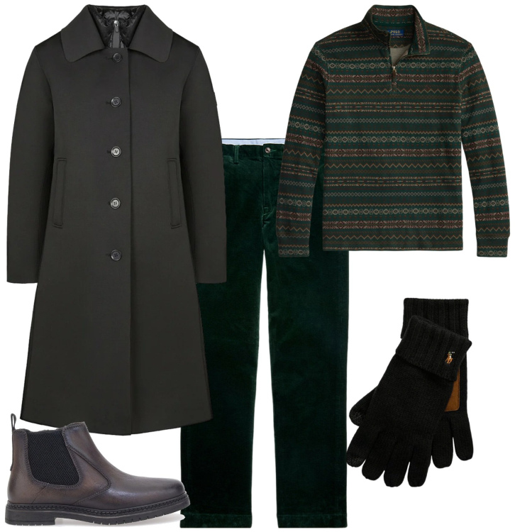 Outfit uomo - Trendy per ufficio. Stile Trendy per Ufficio. Abbinamento con pantaloni, guanti, pullovers, cappotti, stivali e stivaletti.