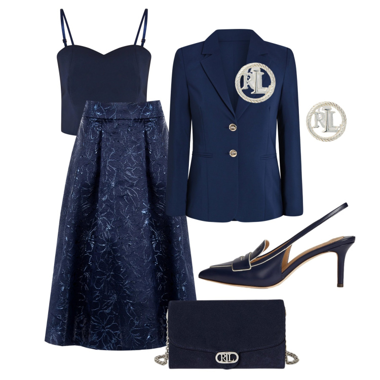 Outfit donna - Blu Christmas. Stile Chic per Serata fuori. Abbinamento con gonne longuette, blazer, top, orecchini, borse a tracolla, décolleté.