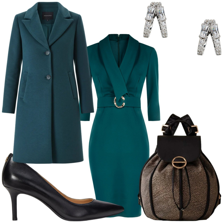 Outfit donna - Verde alla Vigilia. Stile Chic per Serata fuori. Abbinamento con cappotti, vestiti a tubino, zaini, orecchini, décolleté.