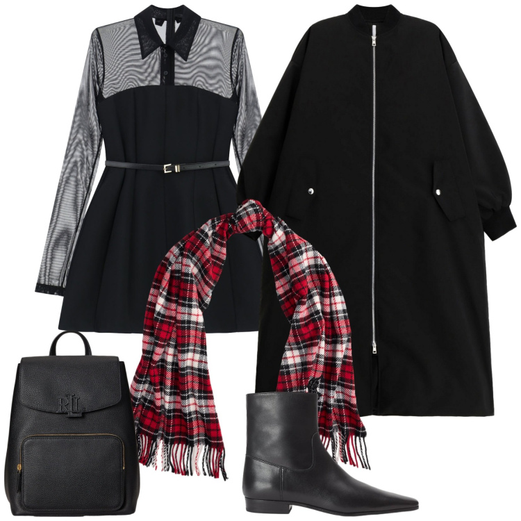 Outfit donna - Mercoledì Addams. Stile Trendy per Serata fuori. Abbinamento con vestiti corti, cappotti, stivaletti, zaini, sciarpe.