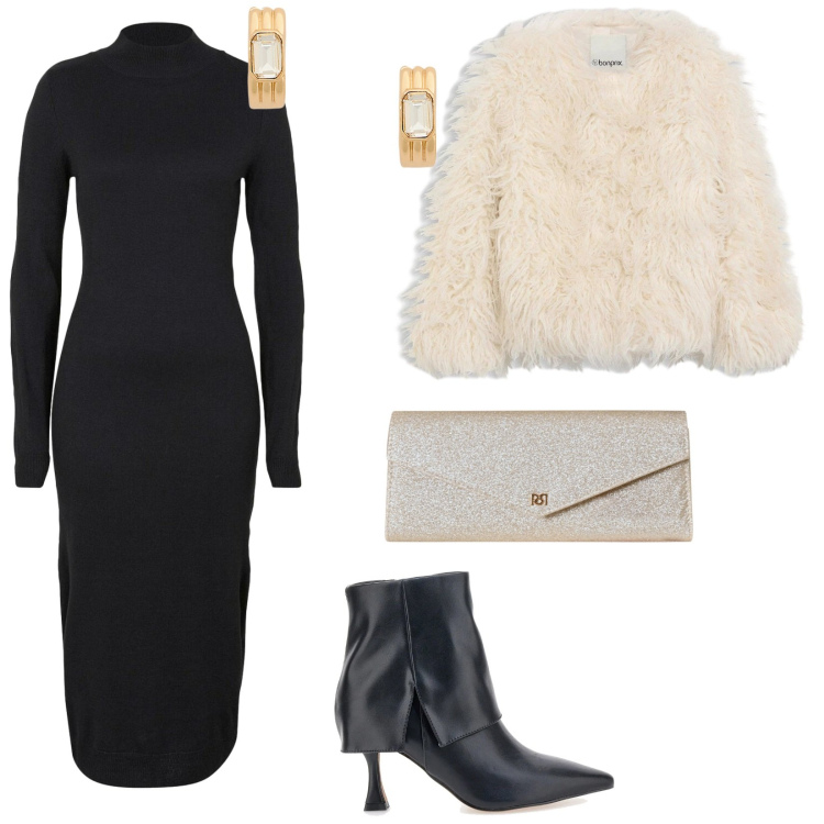 Outfit donna - Vestito a tubino. Stile Chic per Cerimonia. Abbinamento con ecopellicce, vestiti, pochette, orecchini, stivaletti.