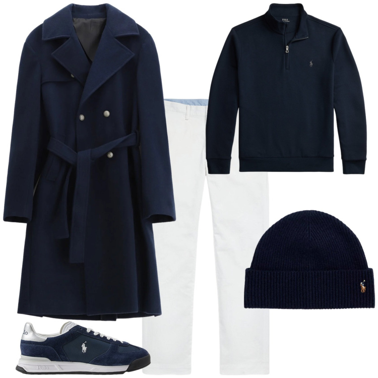 Outfit uomo - Trendy bianco e blu. Stile Trendy per Serata speciale. Abbinamento con cappotti, pantaloni, berretti, sneakers, pullovers.