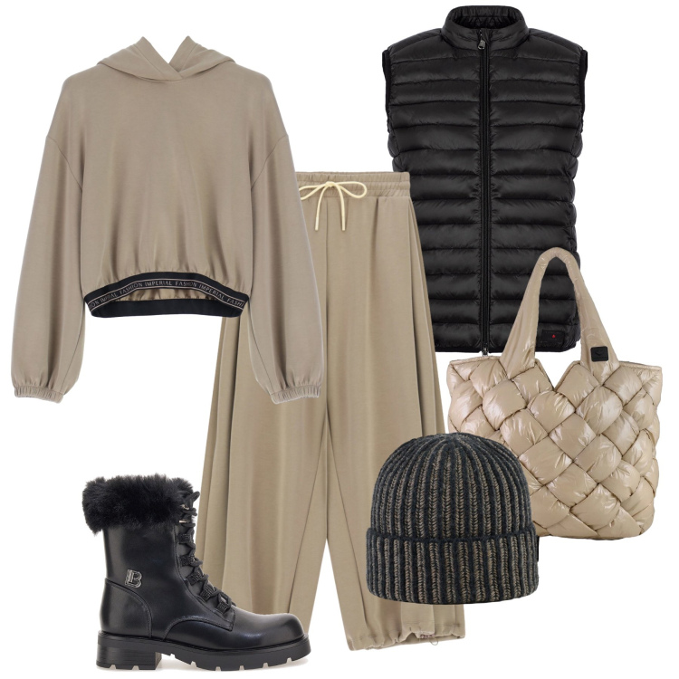 Outfit donna - Total look urbano. Stile Urban per Tutti i giorni. Abbinamento con felpe con cappuccio, pantaloni a palazzo, berretti, piumini, borse tote, anfibi.