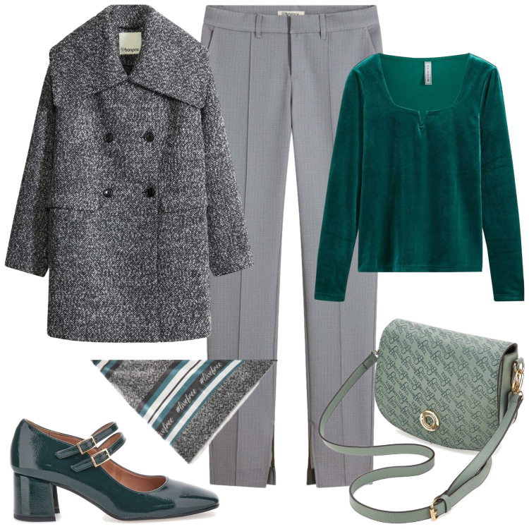 Outfit donna - Velvet green. Stile Glamour per Serata fuori. Abbinamento con maglieria, cappotti, pantaloni, décolleté, borse a tracolla, foulard.