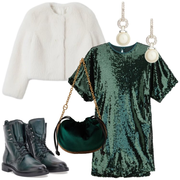 Outfit donna - Velvet Green. Stile Glamour per Serata fuori. Abbinamento con vestiti corti, ecopellicce, borse a spalla, orecchini, anfibi.