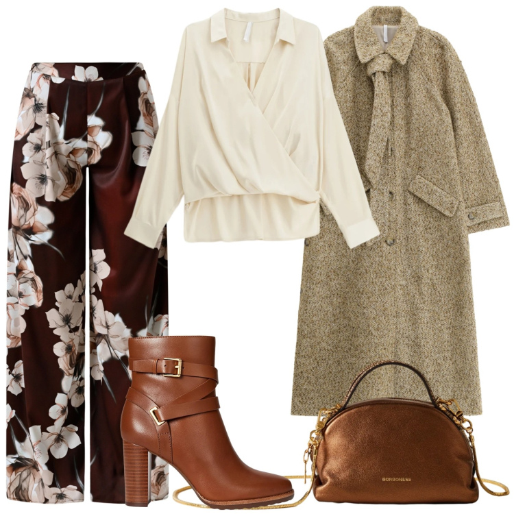 Outfit donna - Pantaloni floreali. Stile Chic per Serata fuori. Abbinamento con pantaloni a palazzo, cappotti, camicie, borse a mano, stivaletti.