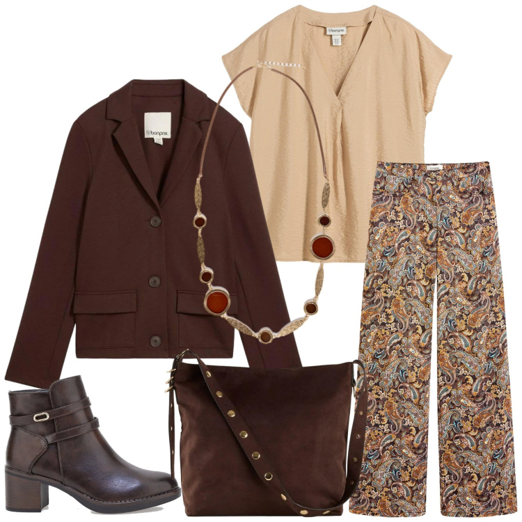 Outfit donna - Total look #2301162. Stile Etnico per Tutti i giorni. Abbinamento con tuniche, shopping bag, blazer, pantaloni, stivaletti, collane.