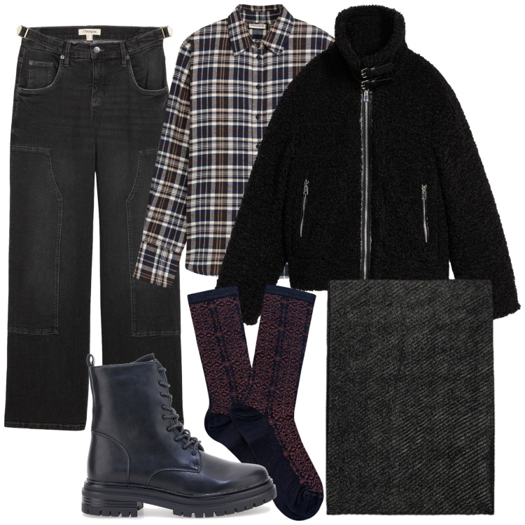 Outfit donna - Mannish con i jeans. Stile Mannish per Tutti i giorni. Abbinamento con ecopellicce, jeans, camicie, anfibi, foulard, calzini.