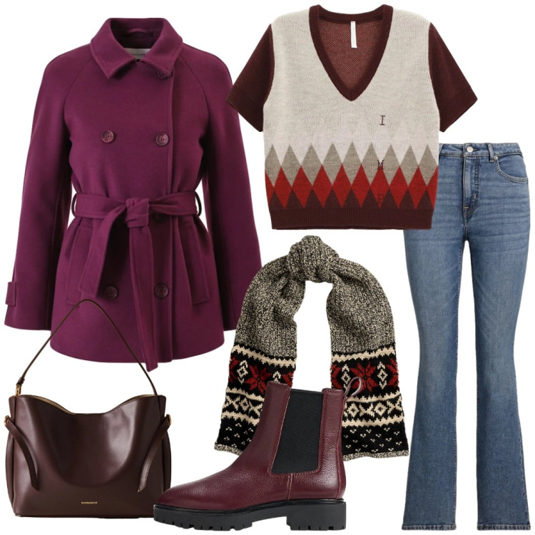 Outfit donna - Denim e color prugna. Stile Casual chic per Tutti i giorni. Abbinamento con caban, maglieria, borse a mano, sciarpe, stivaletti chelsea, jeans bootcut.