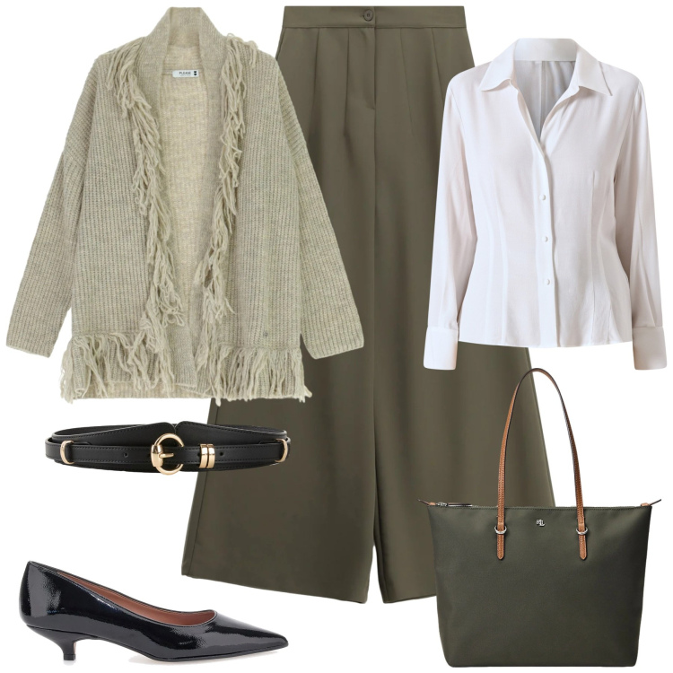 Outfit donna - Curvy style. Stile Chic per Ufficio. Abbinamento con cinture, cardigans, camicie, pantaloni a palazzo, borse tote, décolleté.