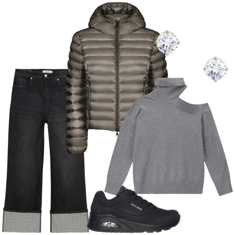 Outfit donna - Total look #2301170. Stile Urban per Tutti i giorni. Abbinamento con jeans dritti, maglieria, orecchini, bomber, sneakers.