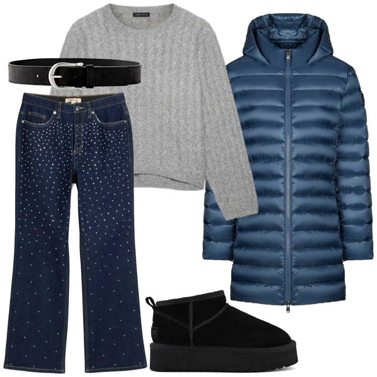 Outfit donna - Total look #2301171. Stile Minimal per Scuola/Università. Abbinamento con jeans dritti, cinture, piumini, stivaletti, maglieria.