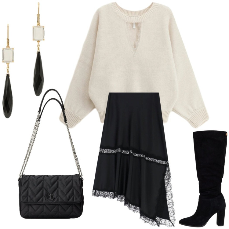 Outfit donna - Total look #2301173. Stile Chic per Serata fuori. Abbinamento con gonne lunghe, maglieria, stivali, borse a tracolla, orecchini.