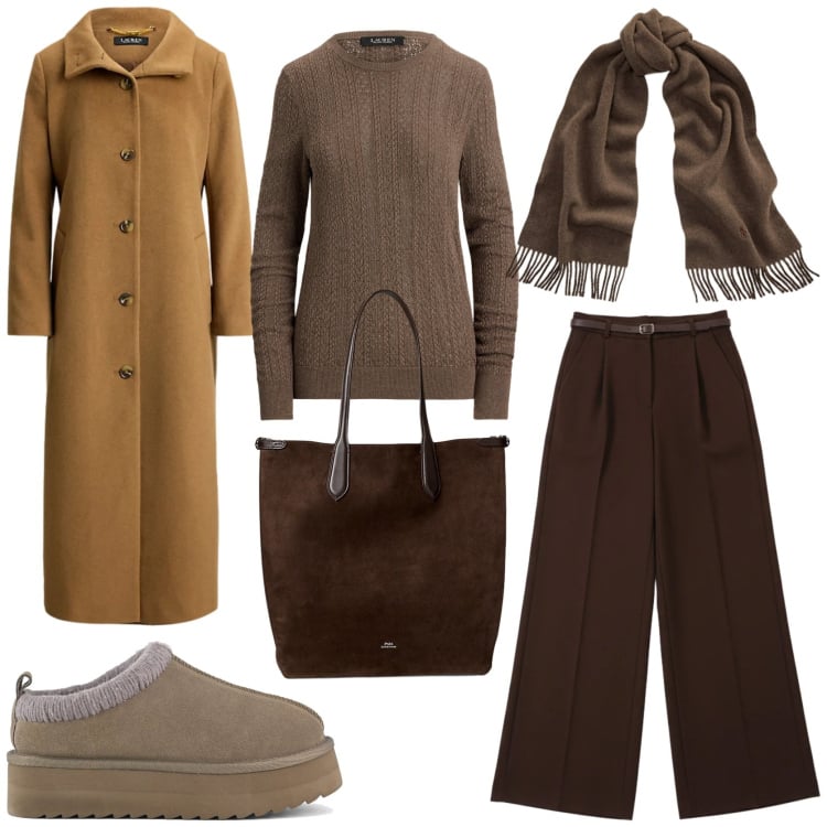 Outfit donna - Outfit ideas. Stile Casual chic per Tutti i giorni. Abbinamento con pantaloni a palazzo, sciarpe, borse tote, maglieria, cappotti, sabot.