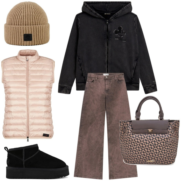 Outfit donna - Shopping in città. Stile Casual chic per Tutti i giorni. Abbinamento con pantaloni a palazzo, felpe con cappuccio, piumini, berretti, stivaletti, borse a mano.