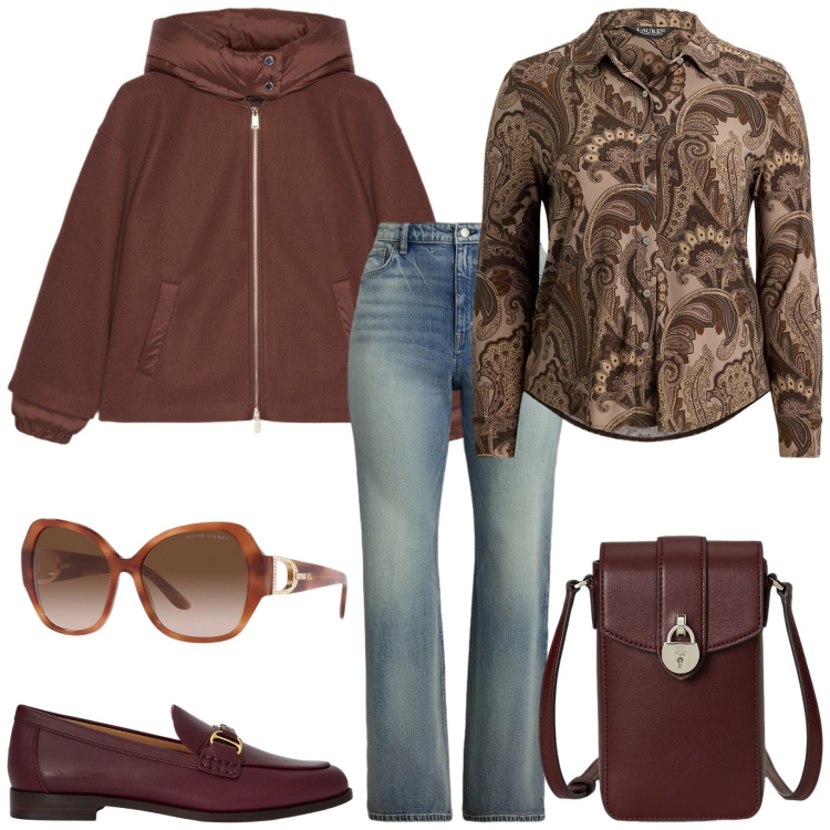 Outfit donna - Total look #2301179. Stile Trendy per Tutti i giorni. Abbinamento con occhiali da sole, borse a tracolla, camicie, jeans, mocassini, bomber.