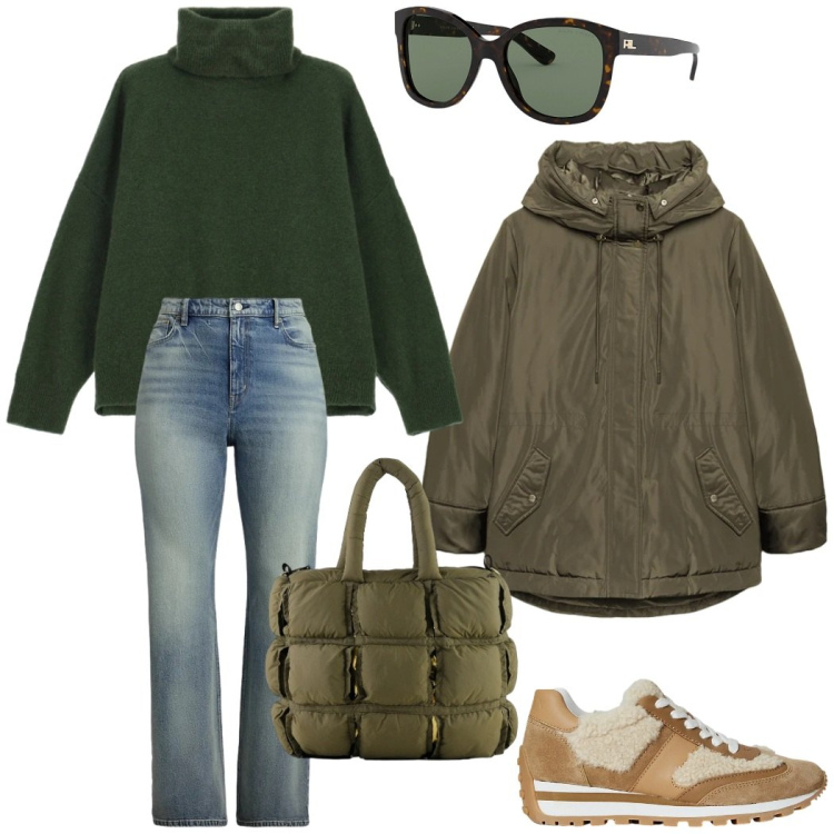 Outfit donna - City. Stile Casual per Tutti i giorni. Abbinamento con maglieria, occhiali da sole, sneakers, jeans, borse a mano, eskimo.