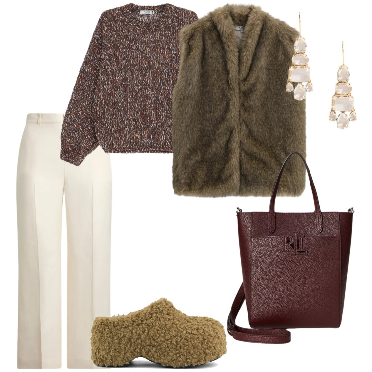 Outfit donna - In baita. per Serata fuori. Abbinamento con maglieria, blazer, orecchini, pantaloni, borse tote, zoccoli.