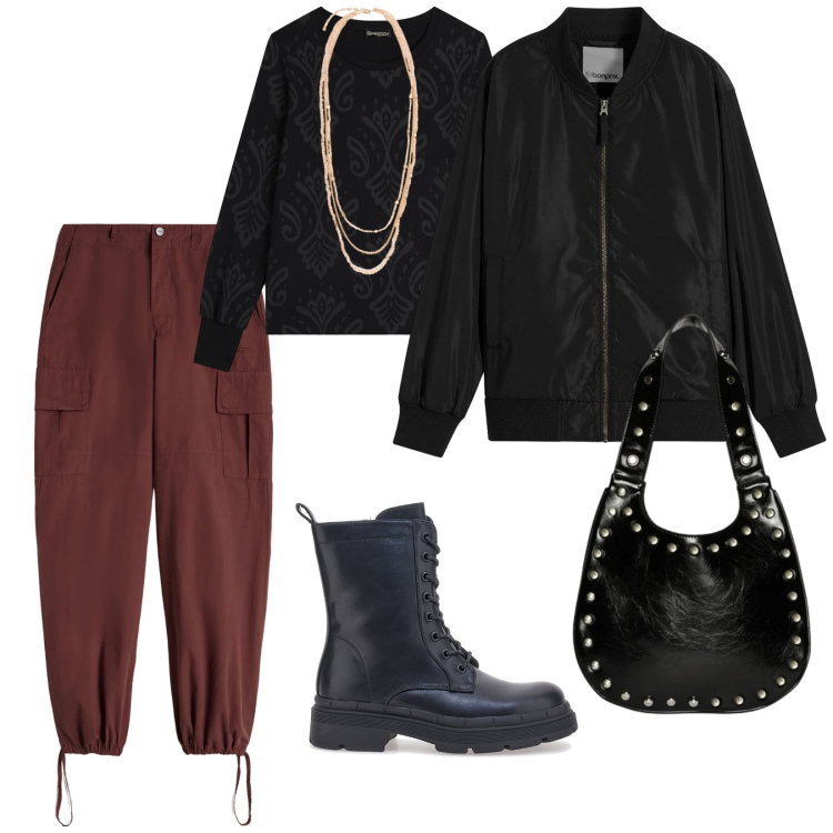 Outfit donna - Comoda. per Tutti i giorni. Abbinamento con bomber, pantaloni cargo, felpe, anfibi, collane, borse a spalla.