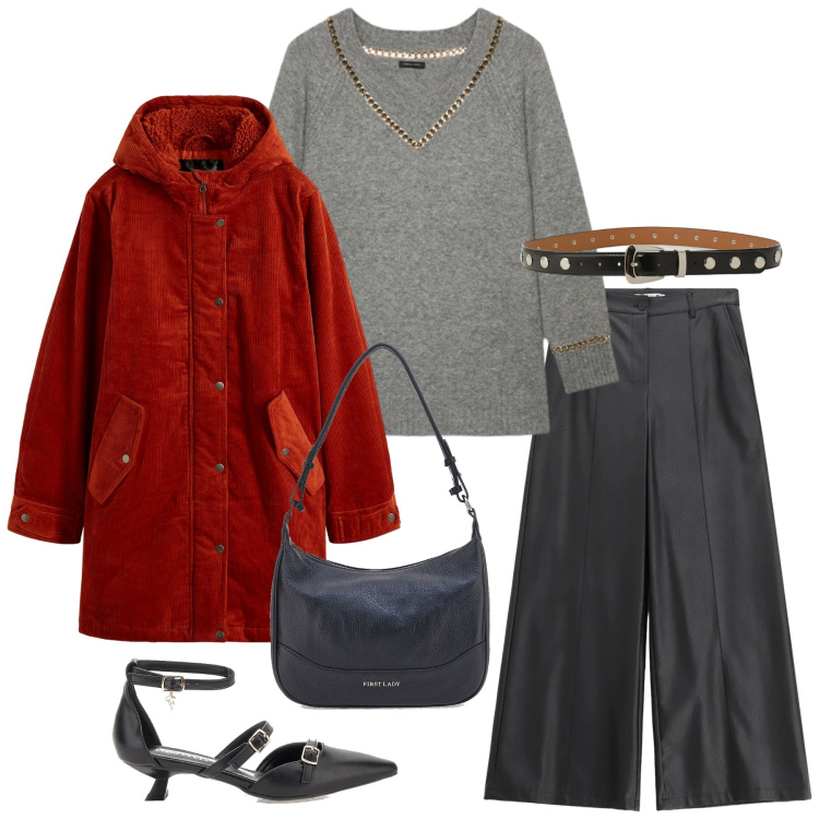 Outfit donna - Total look #2301183. Stile Minimal per Serata fuori. Abbinamento con parka, pantaloni, cinture, décolleté, maglieria, borse a tracolla.