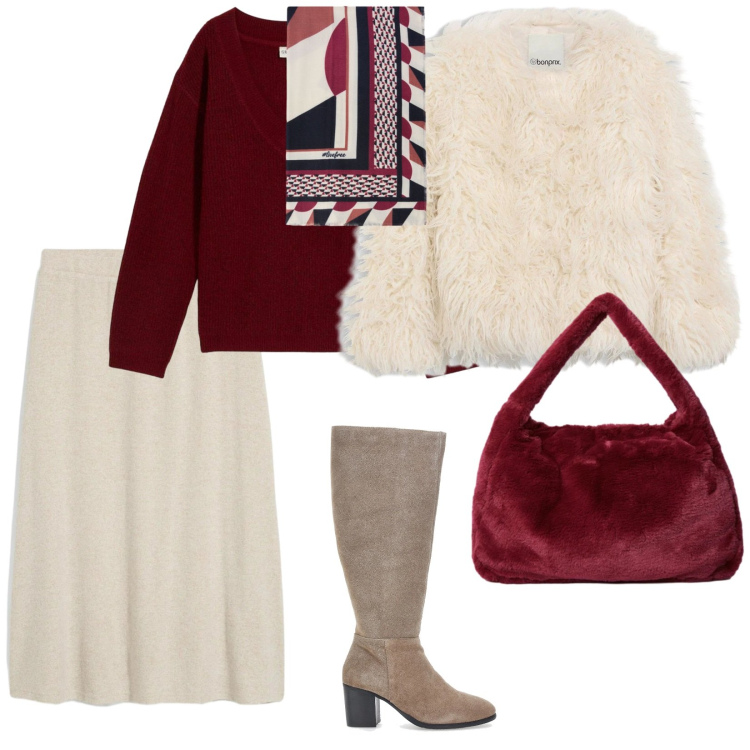 Outfit donna - A lavoro. per Ufficio. Abbinamento con gonne longuette, ecopellicce, maglieria, stivali, foulard, borse a spalla.