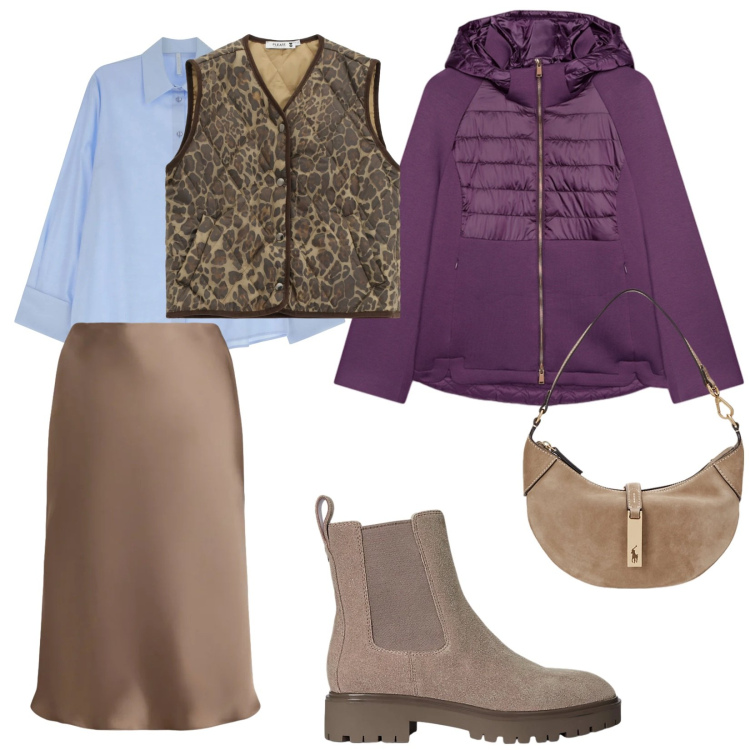 Outfit donna - Colori Pantone. per Tutti i giorni. Abbinamento con gilet, camicie, borse a spalla, gonne, stivaletti chelsea, piumini.