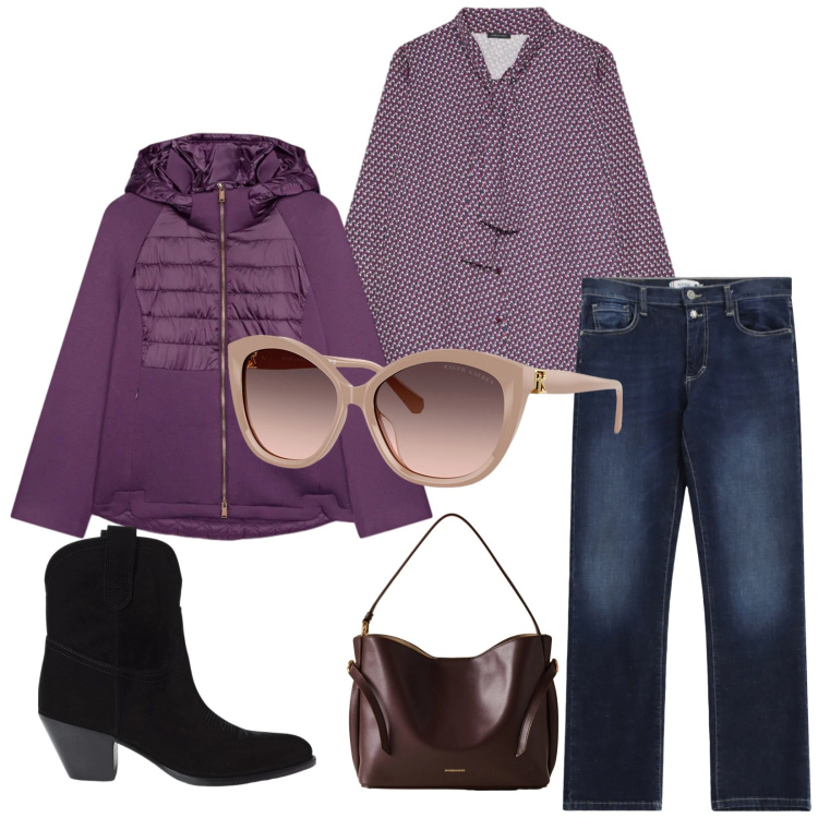 Outfit donna - Total look #2301193. Stile Casual chic per Tutti i giorni. Abbinamento con jeans dritti, borse a mano, occhiali da sole, stivaletti, piumini, camicie.