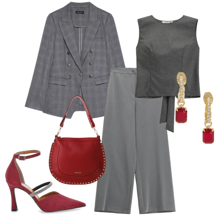 Outfit donna - Total look #2301196. Stile Chic per Serata fuori. Abbinamento con top, pantaloni a palazzo, borse a spalla, orecchini, décolleté, blazer.