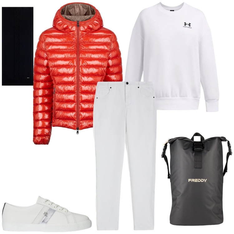Outfit donna - Total look #2301198. Stile Sporty chic per Tutti i giorni. Abbinamento con pantaloni skinny, borse sportive, sciarpe, sneakers, blazer, felpe.