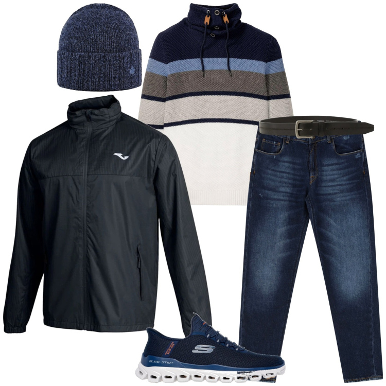 Outfit uomo - Total look #2301203. Stile Urban per Tutti i giorni. Abbinamento con maglieria, jeans dritti, cinture, cappelli, giacche, sneakers.