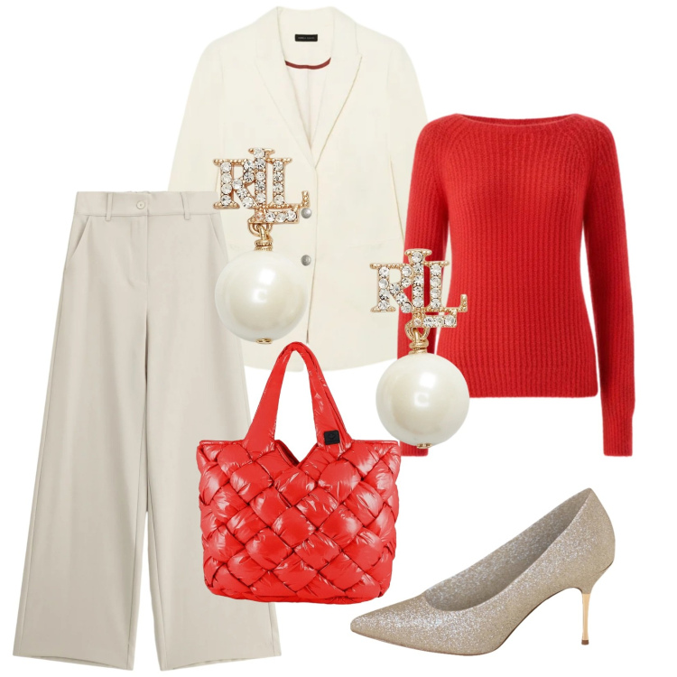 Outfit donna - Total look #2301205. Stile Chic per Serata fuori. Abbinamento con décolleté, pullovers, pantaloni a palazzo, orecchini, borse tote, blazer.
