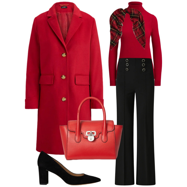 Outfit donna - Total look #2301207. Stile Chic per Serata fuori. Abbinamento con pantaloni, cappotti, maglieria, borse a mano, décolleté, sciarpe.