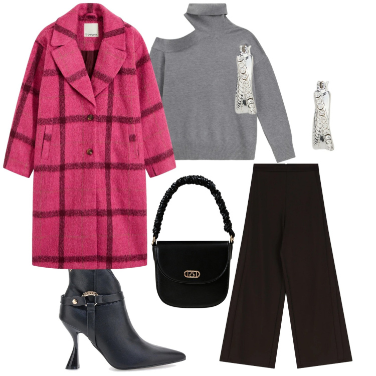Outfit donna - Total look #2301208. Stile Chic per Serata fuori. Abbinamento con cappotti, borse a mano, pantaloni a palazzo, maglieria, orecchini, stivaletti.