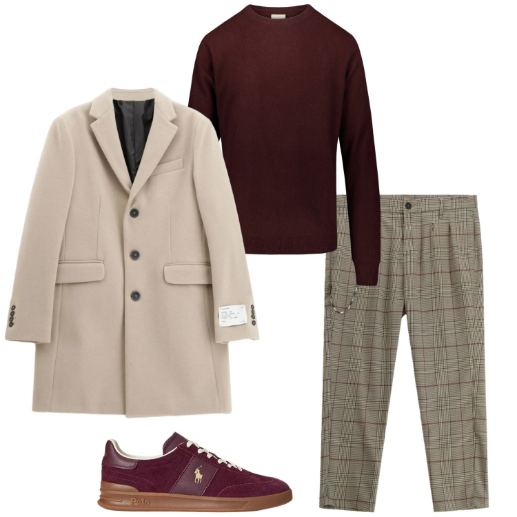 Outfit uomo - Cena di dicembre. Stile Casual per Serata speciale. Abbinamento con cappotti, pantaloni, sneakers, maglieria.