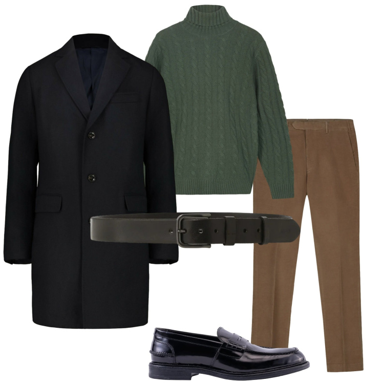 Outfit uomo - Il cappotto. Stile Casual per Tutti i giorni. Abbinamento con cinture, scarpe stringate, cappotti, maglieria, pantaloni.