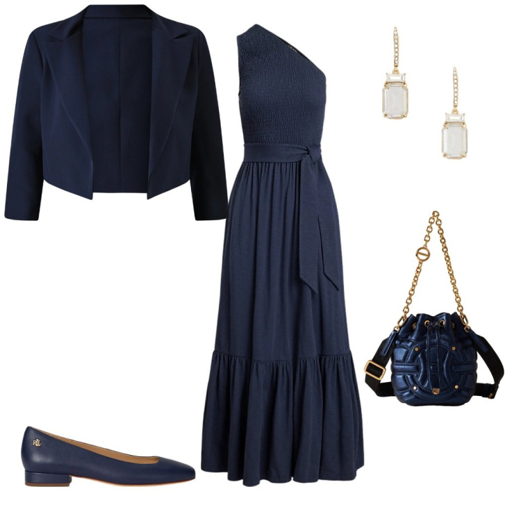 Outfit donna - Eleganza e confort. Stile Chic per Cerimonia. Abbinamento con bolero, borse a secchiello, vestiti asimmetrici, ballerine, orecchini.