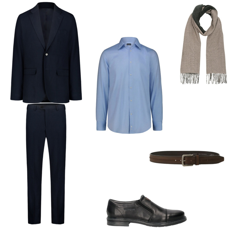 Outfit uomo - Al lavoro. Stile Business/Elegante per Ufficio. Abbinamento con cinture, abiti, sciarpe, scarpe stringate, camicie.