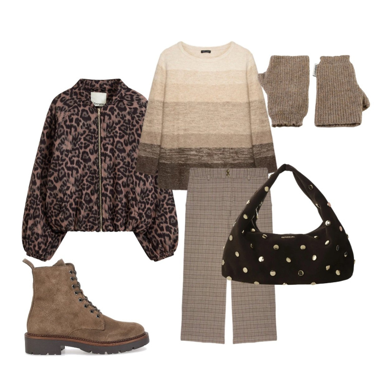 Outfit donna - Tono su tono. Stile Trendy per Tutti i giorni. Abbinamento con bomber, borse a spalla, guanti, anfibi, pantaloni, maglieria.