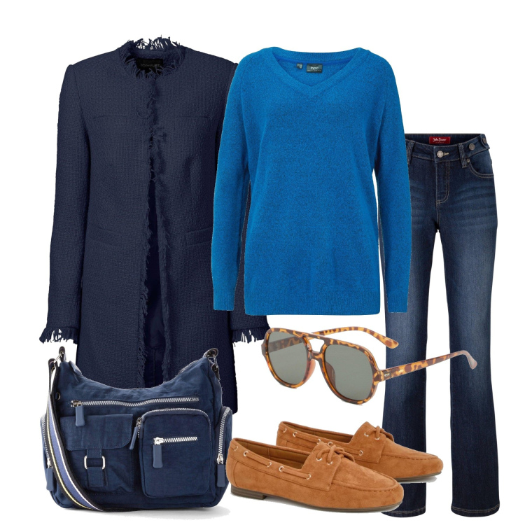 Outfit femme - Décembre. Style Sporty chic pour Tous les jours. Assortir avec blazers, jean bootcut, sacs en bandoulière, pulls, mocassins, lunettes de soleil.
