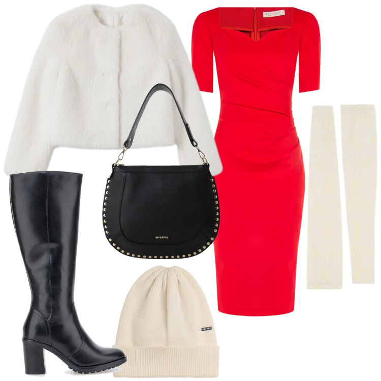 Outfit donna - Warm & Chic. Stile Glamour per Serata fuori. Abbinamento con vestiti a tubino, ecopellicce, guanti, borse a spalla, berretti, stivali sopra il ginocchio.