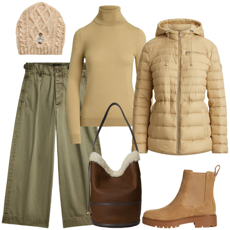 Outfit donna - Chic al caldo. Stile Trendy per Tutti i giorni. Abbinamento con pantaloni, berretti, stivaletti chelsea, maglieria, borse a spalla, piumini.