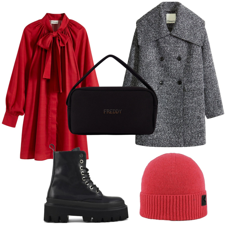 Outfit donna - Warm & Chic. Stile Boho per Serata fuori. Abbinamento con cappotti, vestiti, borse a mano, berretti, anfibi.