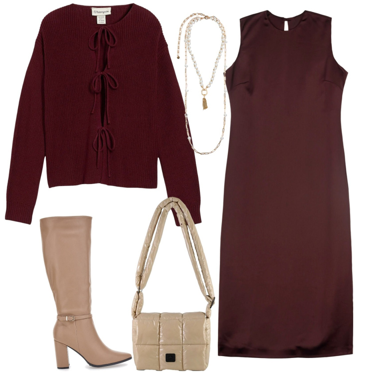 Outfit donna - Il party di Natale. Stile Minimal per Ufficio. Abbinamento con cardigans, borse a spalla, vestiti midi/longuette, collane, stivali.