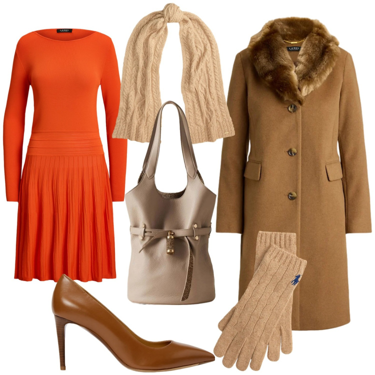 Outfit donna - Warm & Chic. Stile Chic per Serata fuori. Abbinamento con borse a secchiello, cappotti, sciarpe, décolleté, guanti, vestiti.
