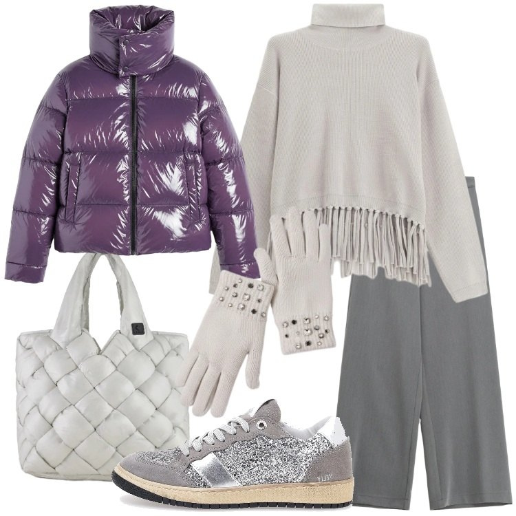 Outfit donna - Warm & Chic. Stile Urban per Serata fuori. Abbinamento con maglieria, guanti, pantaloni a palazzo, piumini, borse tote, sneakers.
