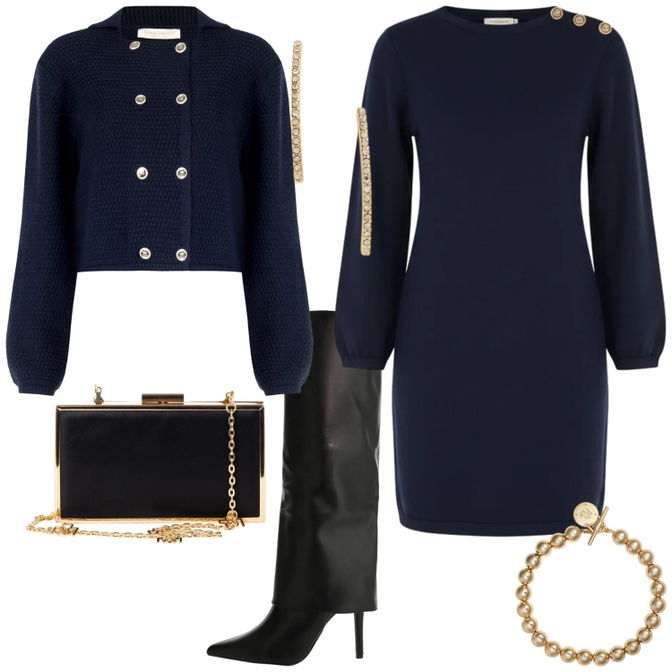 Outfit donna - Blu per le feste. Stile Chic per Serata fuori. Abbinamento con vestiti a tubino, pochette, blazer, stivali, braccialetti, orecchini.