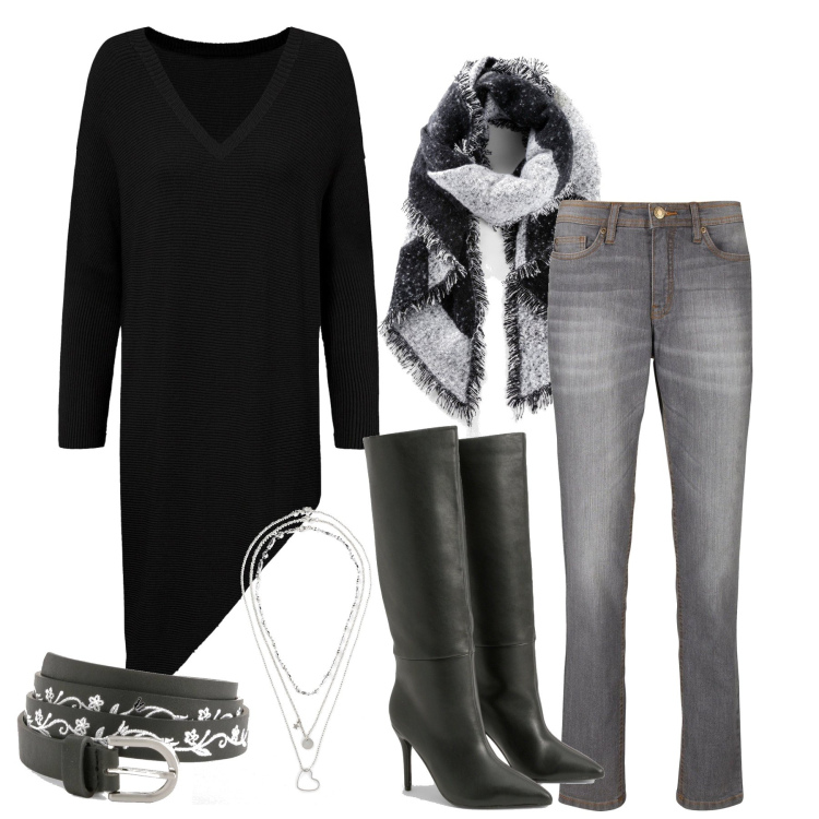 Outfit femme - Décembre. Style Tendance pour Tous les jours. Assortir avec jeans mom, pulls, écharpes, colliers, cuissardes, ceintures.