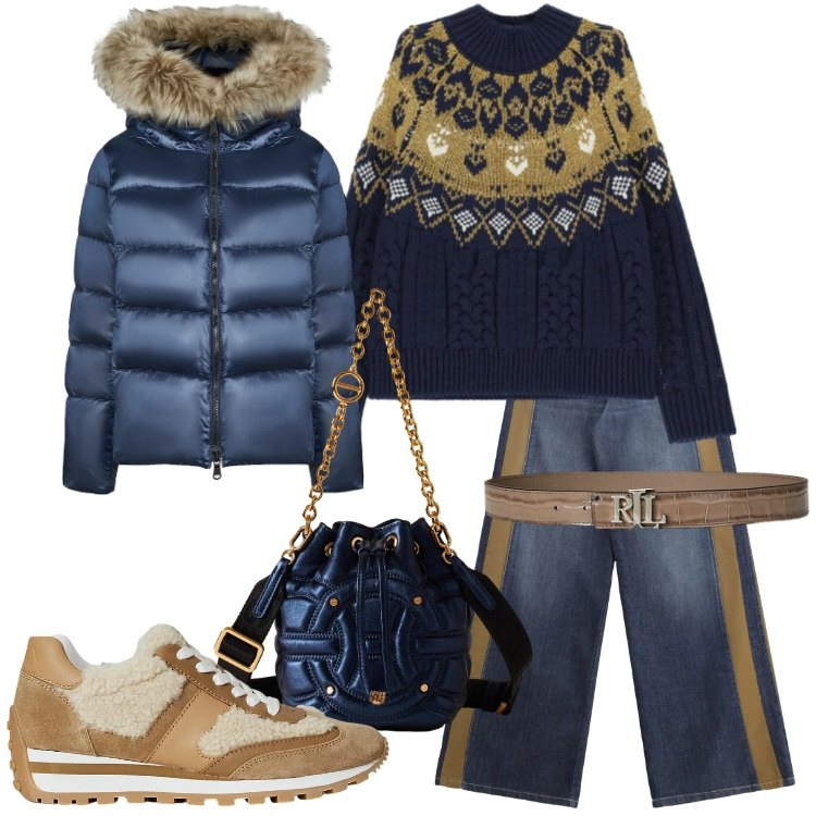 Outfit donna - Blu per le feste - @susystyle. Stile Casual chic per Tutti i giorni. Abbinamento con jeans a zampa, maglieria, borse a secchiello, cinture, sneakers, piumini.