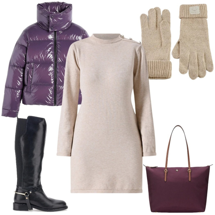 Outfit donna - Warm &Chic : i guanti. Stile Trendy per Tutti i giorni. Abbinamento con vestiti corti, borse tote, piumini, guanti, stivali.