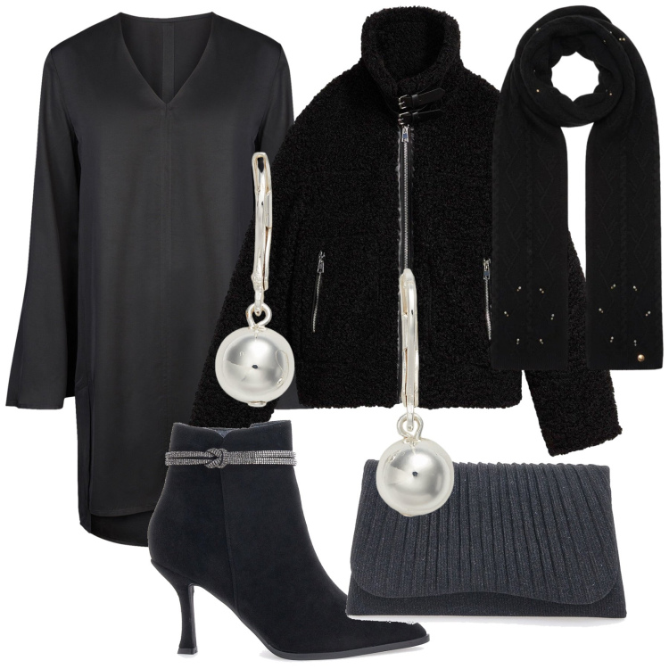 Outfit donna - Sparkling in the winter. Stile Glamour per Serata fuori. Abbinamento con ecopellicce, sciarpe, orecchini, stivaletti, vestiti a tubino, clutch.